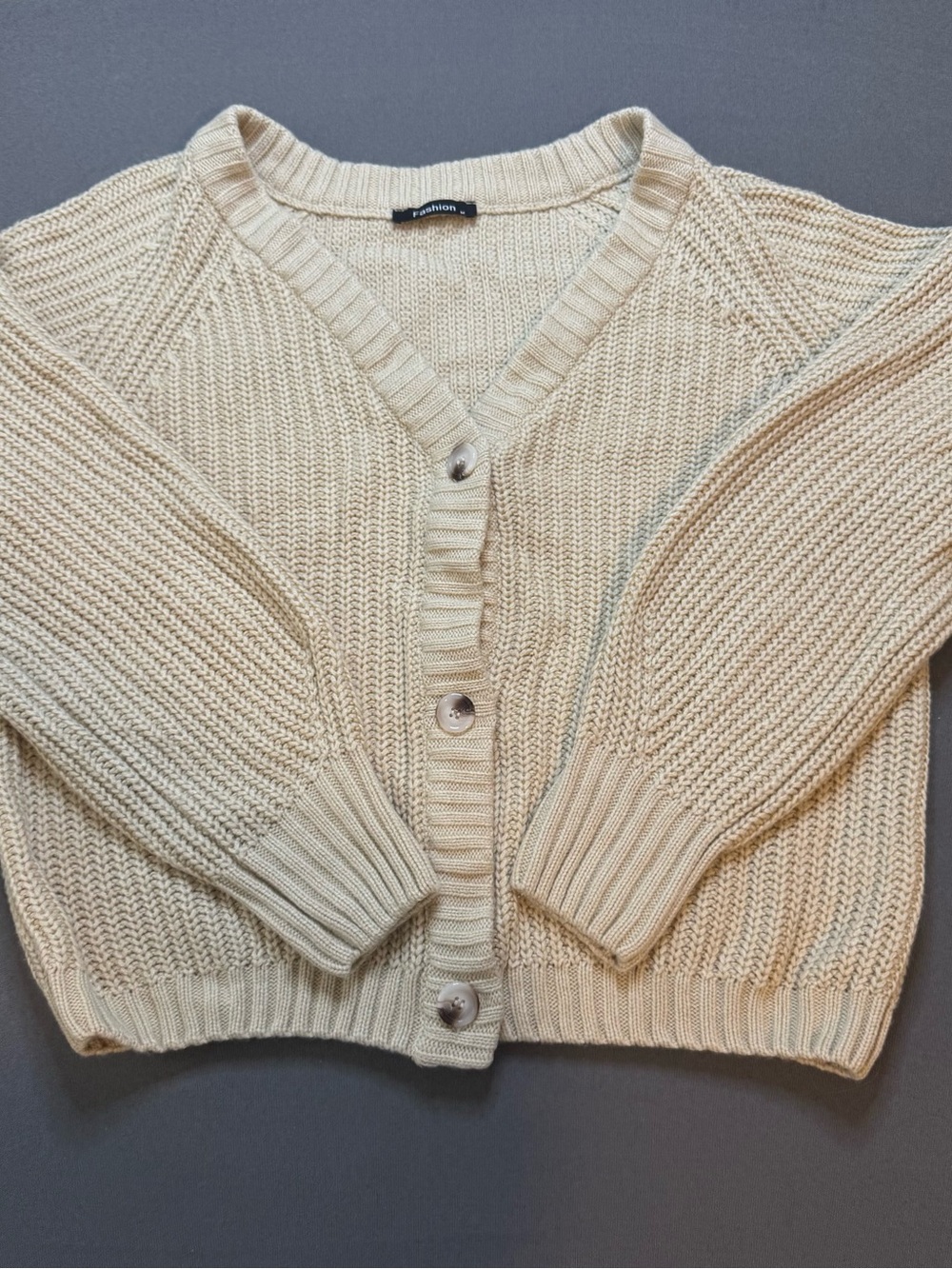 Women's Beige Knit Cardigan Sweater | Puff Sleeve Cuffs | Button Front | V-Neck